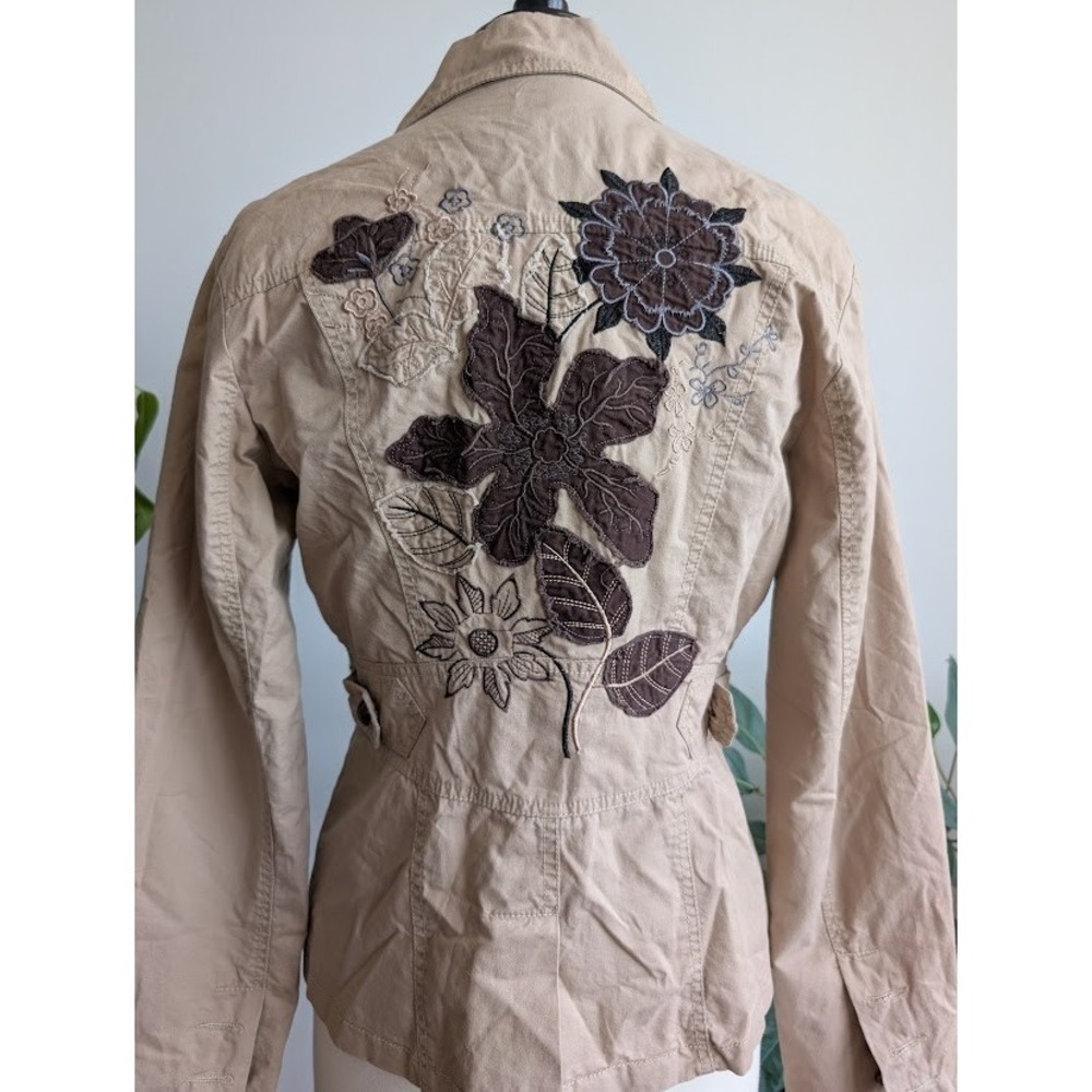 Y2K embroidered jacket blazer 100% cotton XL floral boho patchwork beige brown